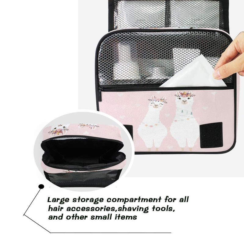 [Australia] - Cute Llamas Alpaca Hanging Cosmetic Bag, Pink Garland Cacti Toiletry Brushes Case Travel Dopp Kit Makeup Boxes Brush Organizer For Women Men For Travel Portable Storage Bag with Zipper 