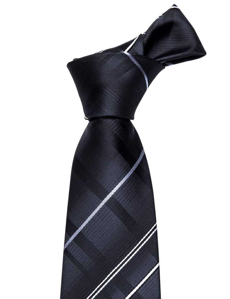 [Australia] - Barry.Wang Stripe Men Ties Set Classic WOVEN Necktie with Handkerchief Cufflinks Formal Black 