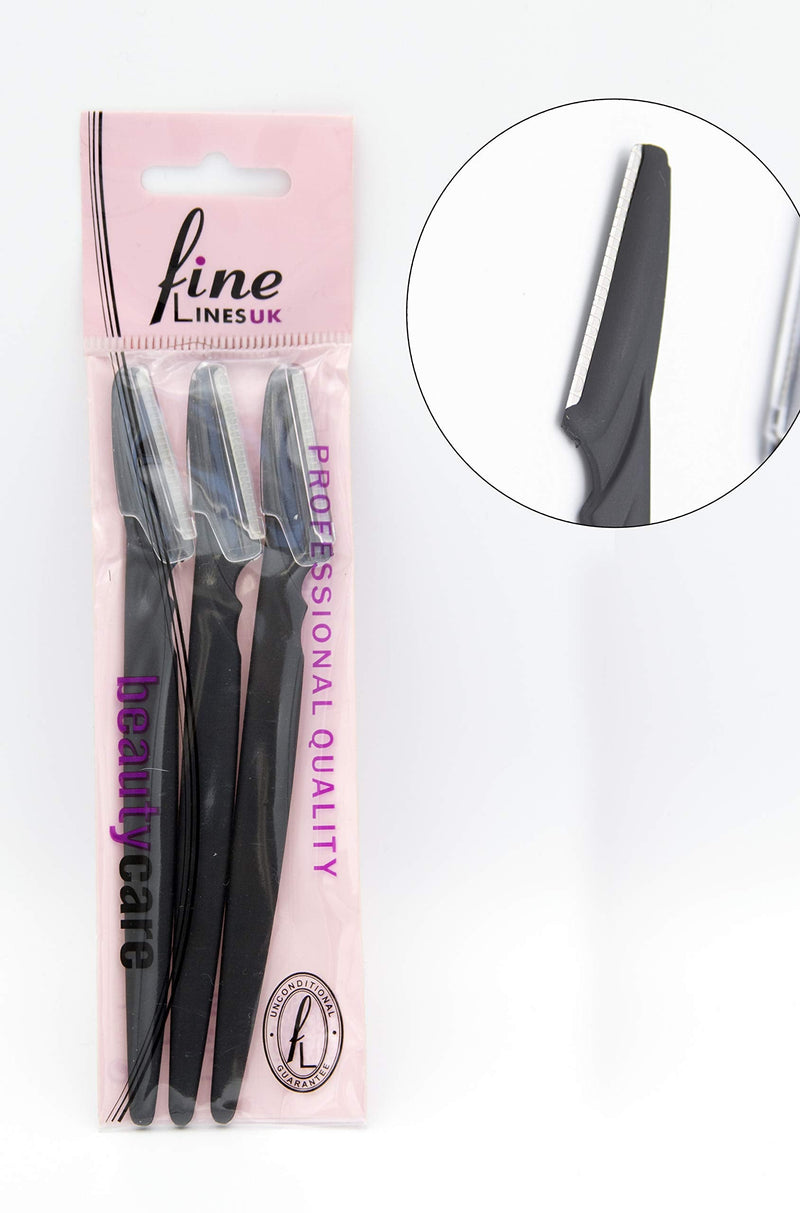 [Australia] - Black Eyebrow Razors by FineLines - Pack of 3 - Guarantee Included - Dermaplaning Blades for face – Shaver for Facial Hair – with Safety Covers – Shaper Remover Beauty – Cosmetic Exfoliating Makeup Pack of 3 - Black 