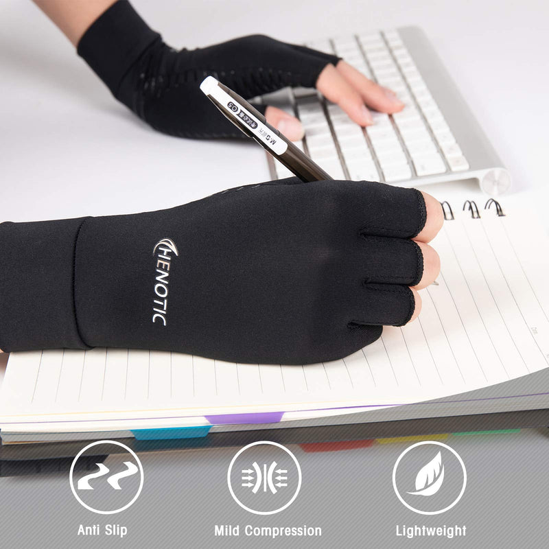 [Australia] - HENOTIC Copper Compression Gloves for Women Men, Fingerless Breathable & Moisture Wicking Arthritis Compression Gloves for Relieving Carpal Tunnel Aches, Rheumatoid Pains, Joint Swell Large: 3 1/8''-3 1/2'' One Pair 