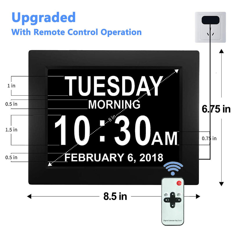 [Australia] - Digital Calendar Alarm Day Clock, 8" Large Screen Display, with 5 Alarm Options, AM/PM Function, for Impaired Vision People, Age Seniors, The Dementia, for Desk, Wall Mounted, with Remote Control 
