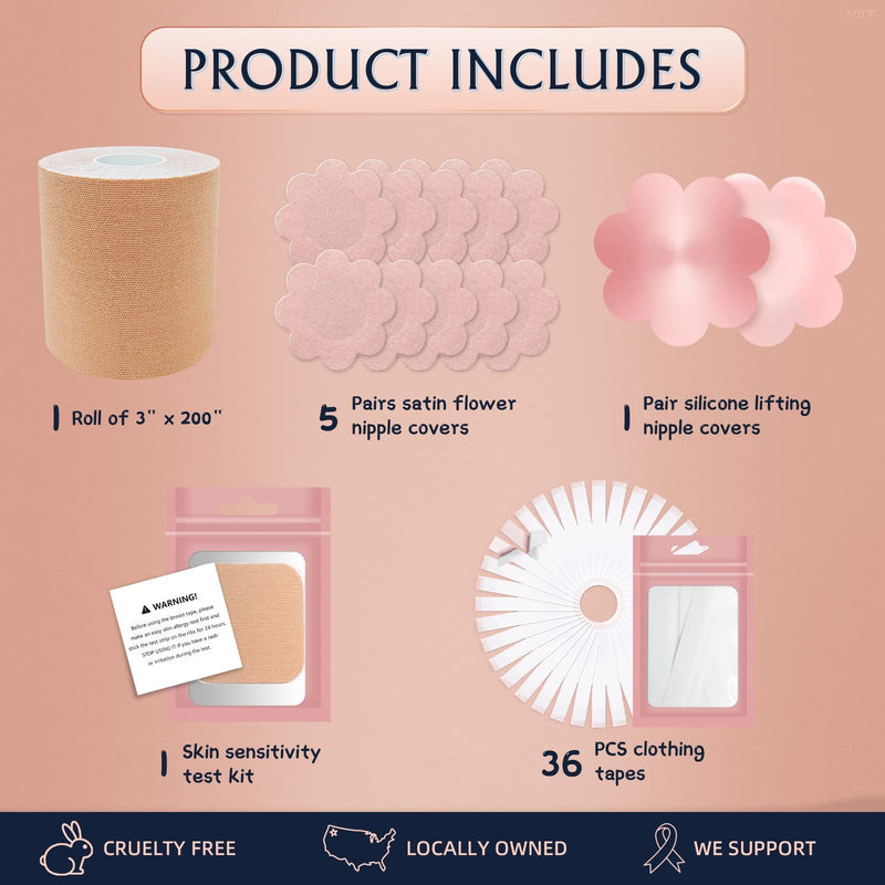 [Australia] - Boob Tape, Replace Your Bra-Instant Breast Tape, Suitable for A-G, Bob Tape for Breast Lift w 1 Breast Lift Tape, 5 Pairs Satin Breast Petals, 1 Pair Silicone Nipple Stickers, 36 PCS Double Sided Tape 3" 