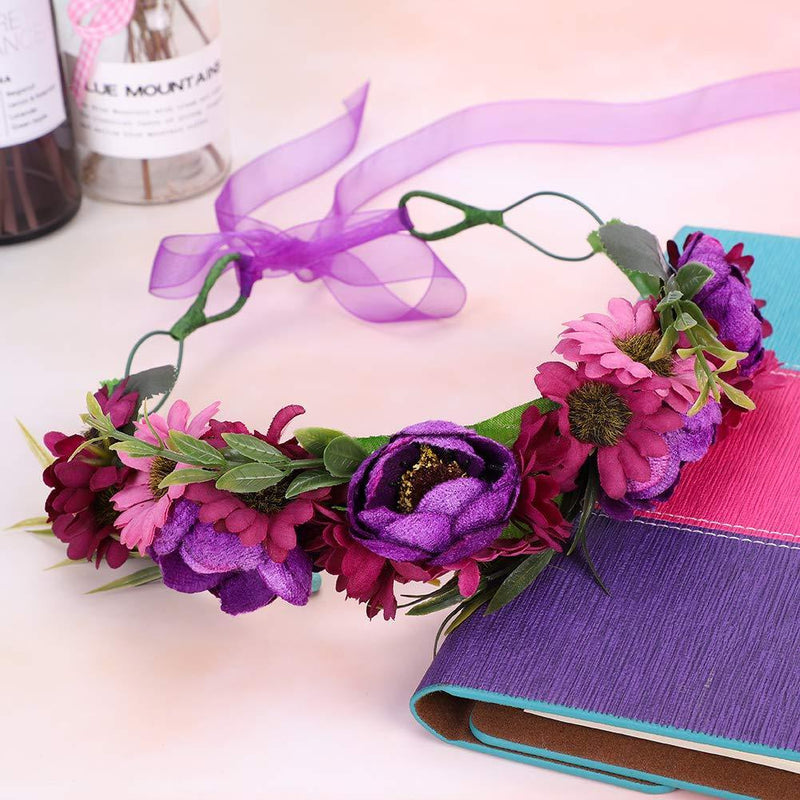 [Australia] - Floral Crown Headband Bride Flower Wreath Crown Flower Garland Headband Hair Wreath Hair Garland Boho Floral Headpiece with Ribbon Rose Flower Bohemian Hair Accessories for Wedding Party Festival Purple 