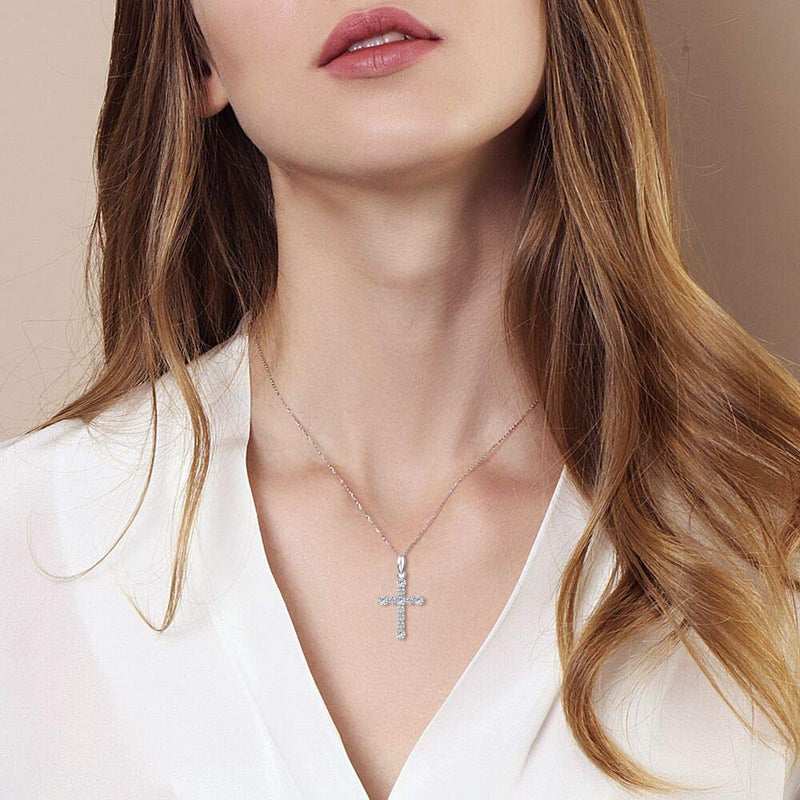 [Australia] - Carleen Yellow Gold Plated Sterling Silver Cubic Zirconia CZ Simulated Diamond Cross Crucifix Pendant Necklace Jewelry for Women Girls, 18" Silver Chain Nice Gifts Jewelry Box 3 Prong CZ Necklace 