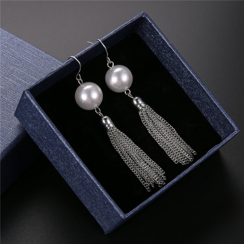 [Australia] - Long Tassel Pendant Necklaces for Women - Faux Pearl Necklace with Silver Chain, Fashion Jewelry for Lady White Necklace+Earrings 