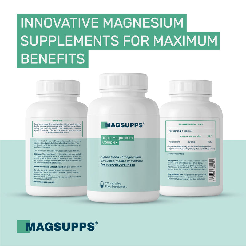 [Australia] - MAGSUPPS Triple Magnesium Complex - 300mg of Pure Magnesium Glycinate, Malate, & Citrate for Muscles, Sleep, Calm, & Energy - 40 Servings - 120 Capsules - UK Made - No Fillers 