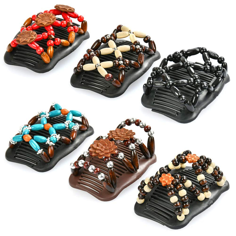 [Australia] - TIMESETL Beads Hair Combs, 6 pcs Elastic Magic Wood Beads Double Hair Comb Clip Stretchy Hair Accessories for Women Girls 