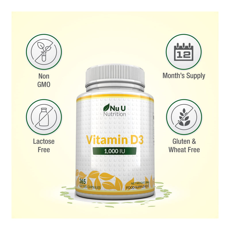 [Australia] - Vitamin D3 1000IU - 365 Softgels - 1 Year Supply - Vitamin D Supplement - High Absorption Cholecalciferol Vitamin D Capsules not Tablets - Nu U Nutrition 