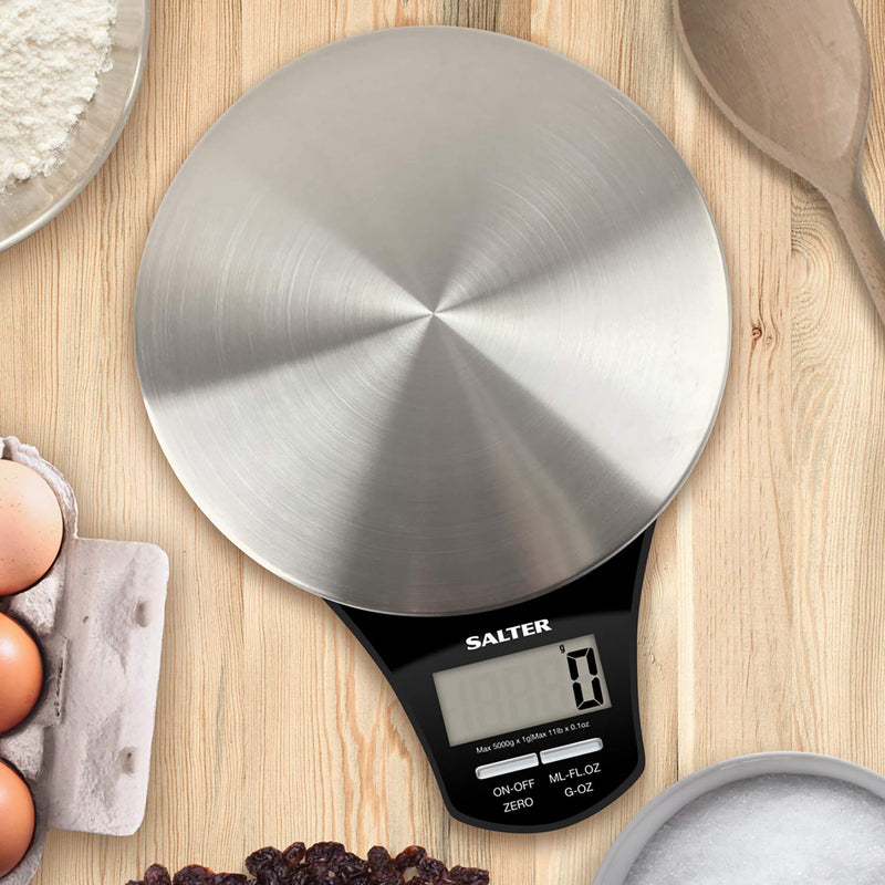 [Australia] - Salter 1035 SSBKDR Electronic Stainless Steel Kitchen Scale, Accurate Weighing up to 5KG, Measures Liquids and Fluids, Add & Weigh Function, Easy View Screen, Black 