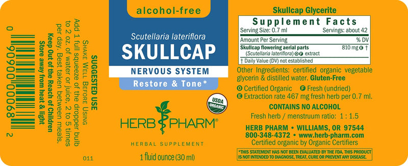 [Australia] - Herb Pharm Certified Organic Skullcap Liquid Extract for Nervous System Support, 1 Fl Oz 