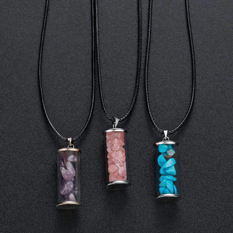 [Australia] - JUNHAN Chakra Healing Crystal Wishing Bottle Pendants Necklace for Womens Girls Tumbled Rock Wicca Tumble Stone Wish Reiki Energy Pendant Jewelry Amethyst 