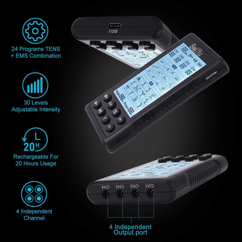 [Australia] - Belifu 4 Independent Channel TENS EMS Unit, 24 Modes,30 Level Intensity Muscle Stimulator Machine, Rechargeable Electric Pulse Massager with 10 Pads&5 Set Leads Wires, for Pain Relief Therapy(Black) Black 