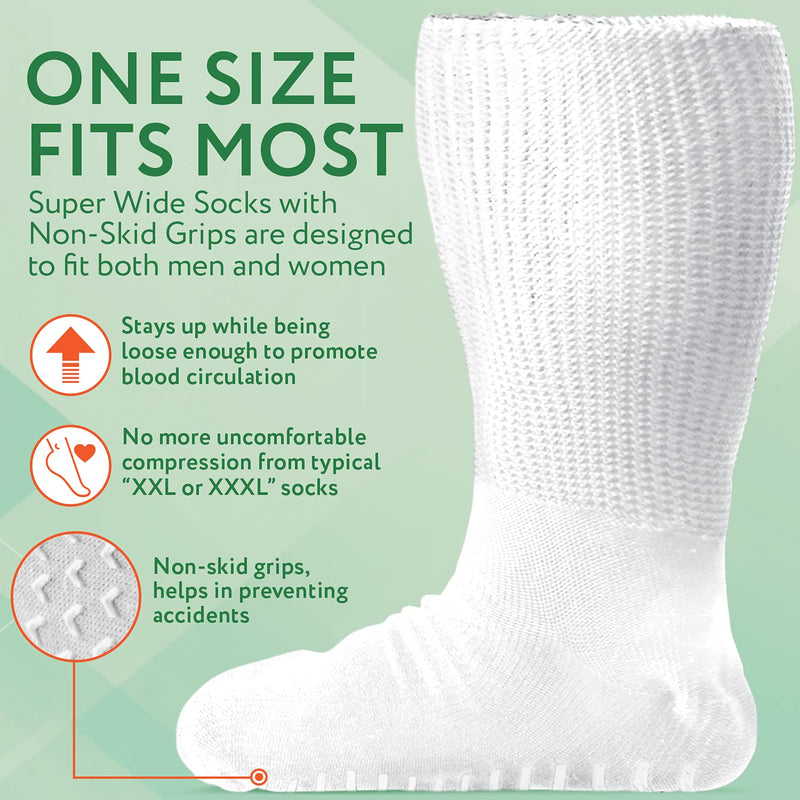 [Australia] - [2 Pairs] White Super Wide Socks With Non-Skid Grips - for Lymphedema - Bariatric Sock – Oversized Anti-Slip Sock Stretches up to 30'' Over Calf for Swollen Feet Mens and Womens Legs - One Size Unisex 