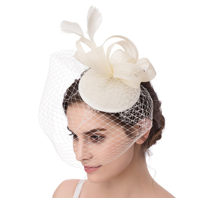 [Australia] - Abaowedding Feather Fascinator Cocktail Party Hair Clip Pillbox Hats A Ivory 