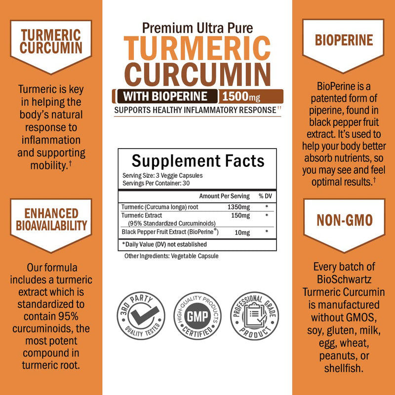 [Australia] - Turmeric Curcumin with BioPerine 1500mg - Natural Joint & Healthy Inflammatory Support with 95% Standardized Curcuminoids for Potency & Absorption - Non-GMO, Gluten Free Capsules with Black Pepper. 90 Count (Pack of 1) 