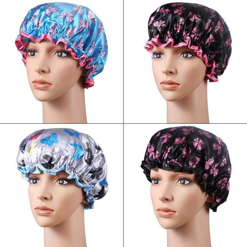 [Australia] - Vtrem 4 Pieces Shower Cap Lined Double Layer Waterproof Hair Bath Caps with Lace Elastic Band Lovely Butterfly Pattern Reusable Bathing Hat for Women Girls Butterfly Pattern / 4 Pack 