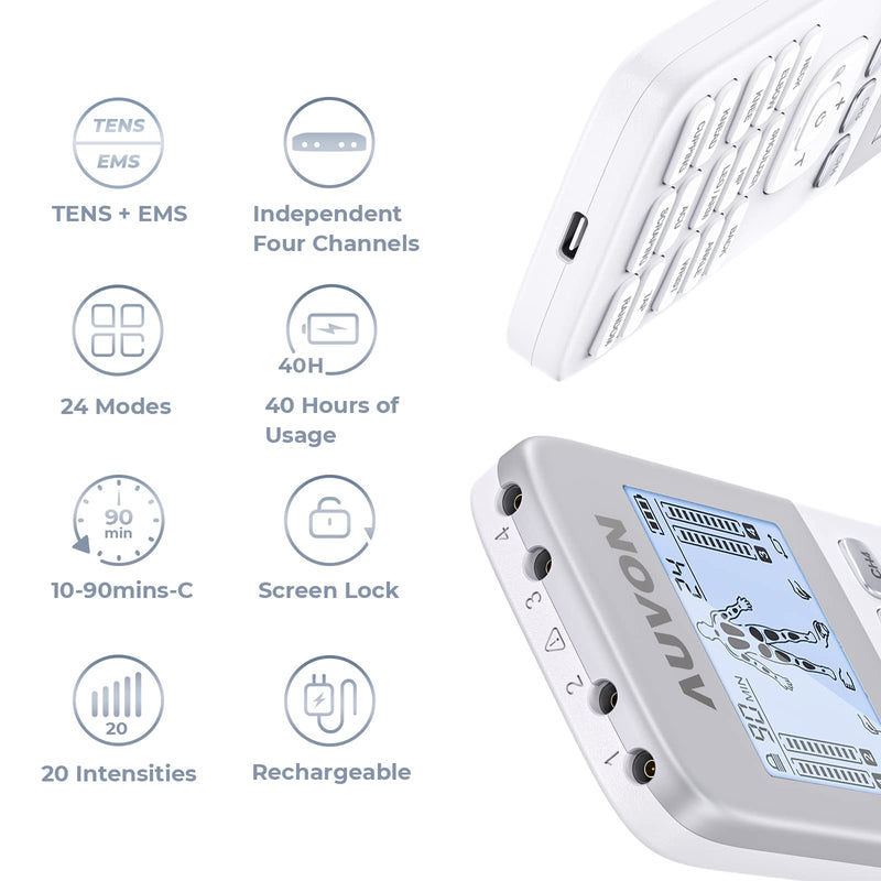 [Australia] - AUVON 4 Outputs H1 TENS Unit 24 Modes Muscle Stimulator for Pain Relief, Rechargeable TENS EMS Machine with Easy-to-Select Button Design, 2X Battery Life, Dust-Proof Bag and 8 Electrode Pads 