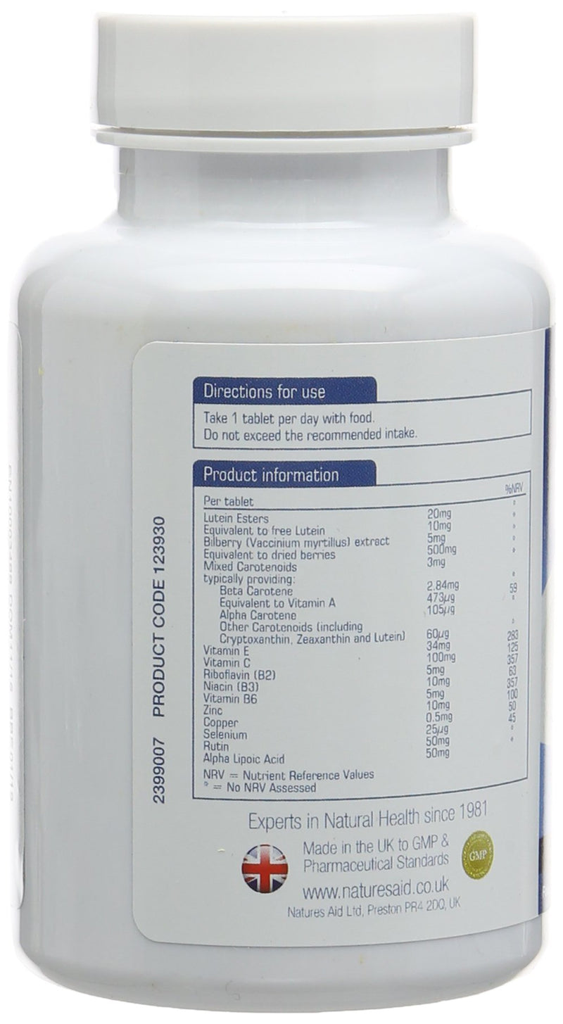 [Australia] - Natures Aid Lutein Eye Complex with Bilberry 90 Tablets (For the Maintenance of Normal Vision, with Alpha Lipoic Acid, Zinc, and Vitamins A, B2, C and E, Vegan Society Approved, Made in the UK) 