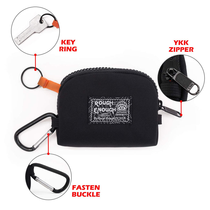 [Australia] - Rough Enough Small Credit Card Holder Wallet Keychain Coin Purse for Men Boys Earbuds Case Small Organizer Pouch Bag for Girl Women in Travel School Party Carabiner Clip Black 