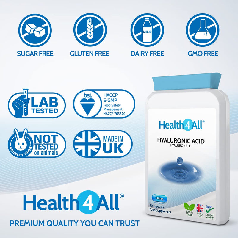 [Australia] - Health4All Hyaluronic Acid 140mg 60 Capsules (V) Highest Molecular Weight 1.0-.1.5 Million Daltons for Skin, Radiant Hair and Joints. 60 Count (Pack of 1) 