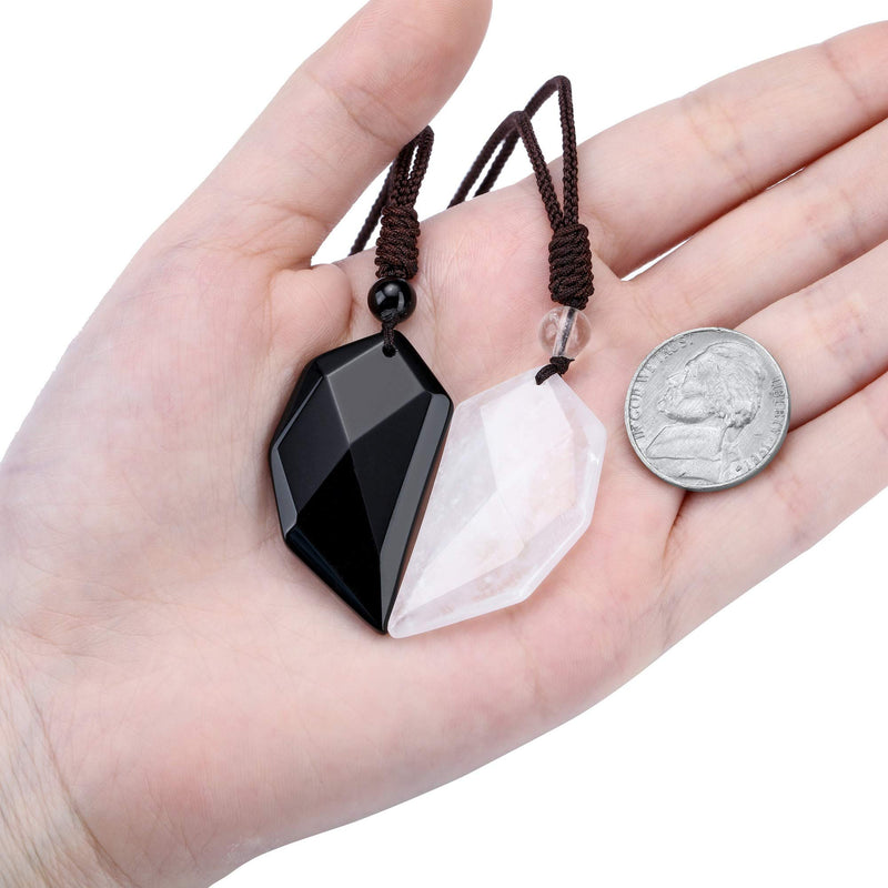 [Australia] - Jovivi 2pcs Healing Gemstone Matching Heart Couples Necklace for Him/Her White Turquoise Black Obsidian Crystal Stone Pendant Necklace Adjustable Rope for Men Women Valentines Gifts Black Obsidian & Clear Quartz 