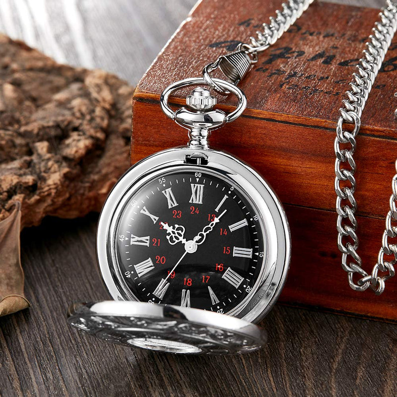 [Australia] - Vintage Quartz Pocket Watch Men Hollow Numerals Carving Case Clock Pendants with Chain silver 