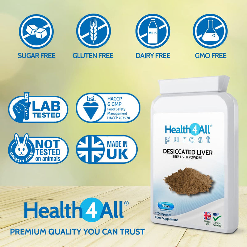[Australia] - Desiccated Beef Liver 750mg 120 Capsules (V) (not Tablets) Purest- No additives. Non-defatted Natural Source of readily absorbable Vitamins and Minerals. Made in The UK by Health4All 120 Count (Pack of 1) 