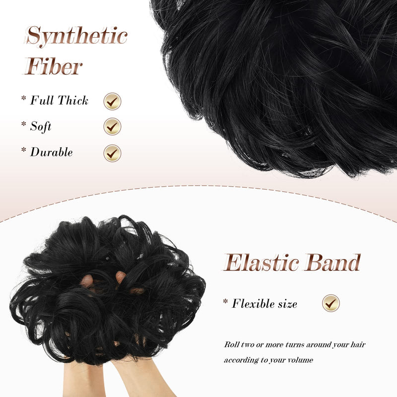 [Australia] - FESHFEN Messy Bun Hair Piece Hair Scrunchies Plus Size Thick Curly Wavy Hair Piece Synthetic Donut Updo Hairpieces for Women Girls, Jet Black 1# Jet Black 