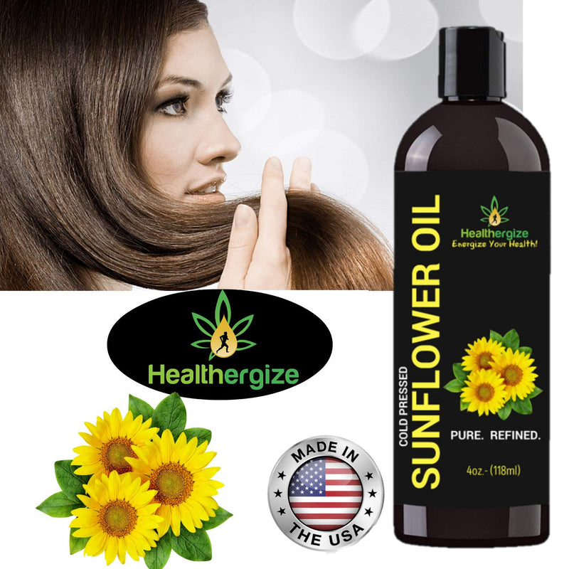 [Australia] - Healthergize Sunflower Oil for Skin, Face, Body, Hair-100% pure Carrier Oil, Aroma Therapy, Massage, Moisturizer, Conditioner-4 oz. 