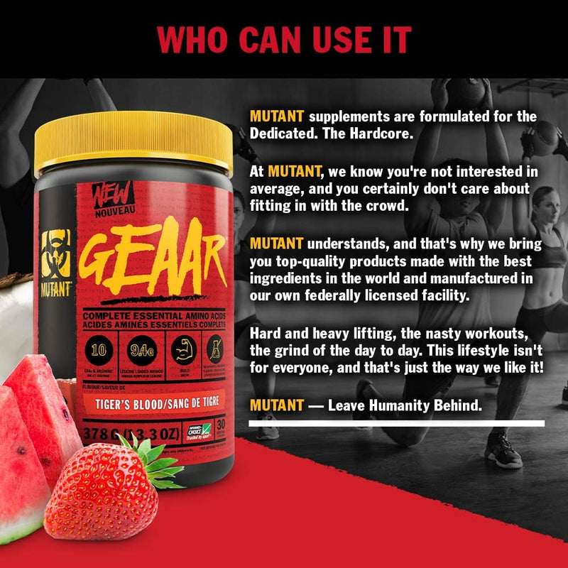 [Australia] - MUTANT GEAAR | 9.4g of EAA Powder + Arginine, 7g BCAAs, 4g Leucine, Electrolytes, Coconut Water, No Artificial Colours or Flavours | 30 Servings | Mango| 378g 