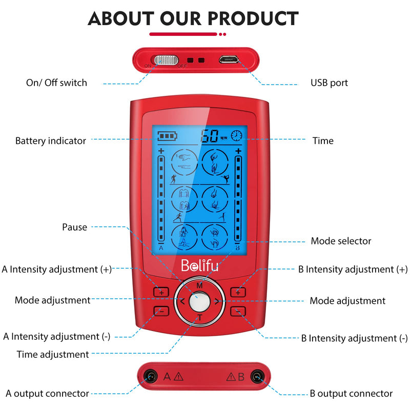 [Australia] - Belifu Dual Channel TENS EMS Unit 24 Modes Muscle Stimulator for Pain Relief Therapy, Electronic Pulse Massager Muscle Massager with 10 Pads, Dust-Proof Drawstring Storage Bag，Fastening Cable Ties Red 