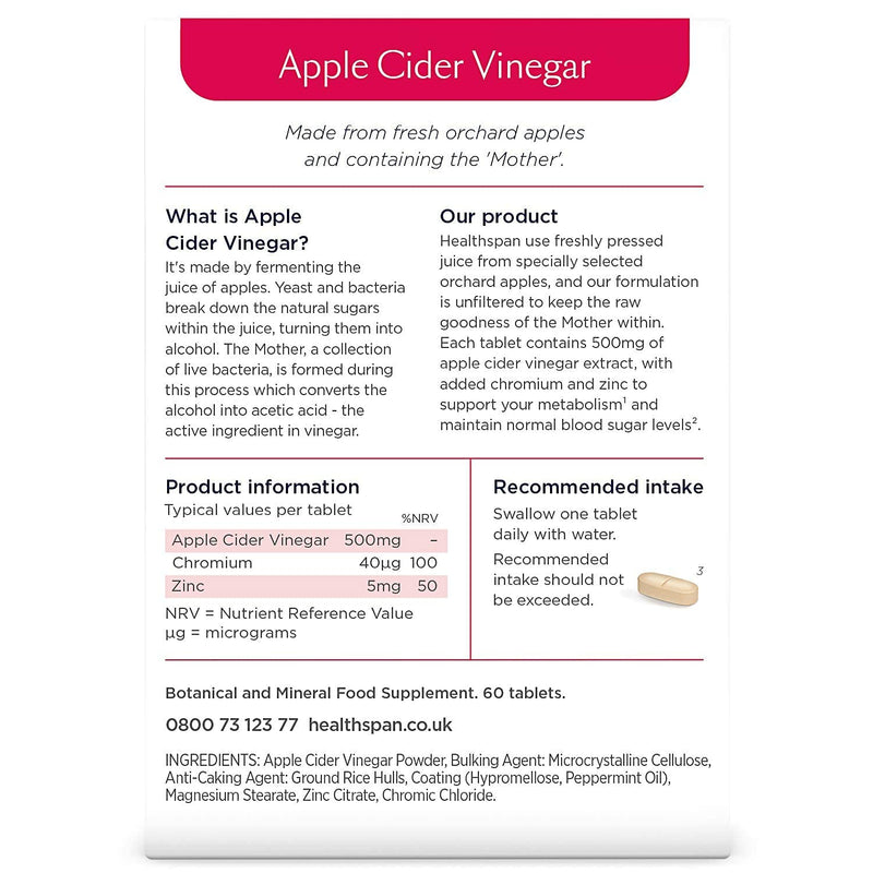 [Australia] - Healthspan Apple Cider Vinegar 500mg | 60 Tablets | Friendly Bacteria | Metabolism Support | Added Zinc & Chromium | Vegan 