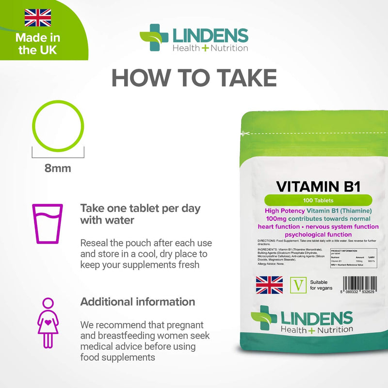 [Australia] - Lindens Vitamin B1 Thiamine Tablets - 100 Pack - for Heart, Immune and Psychological Function & Energy Release - UK Manufacturer, Letterbox Friendly 