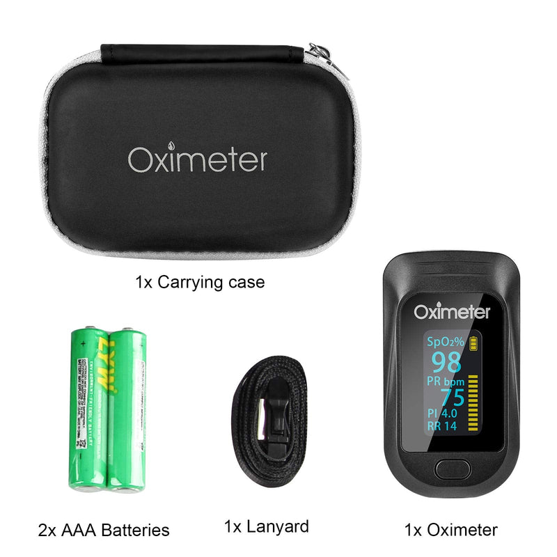 [Australia] - Tomorotec Fingertip Pulse Oximeter Accurate Blood Oxygen Saturation Level (SpO2), Perfusion Index (PI), Pulse Rate (PR), Respiratory Rate (RR) Monitor with Lanyard [Sports & Aviation Use Only] (Black) Black 