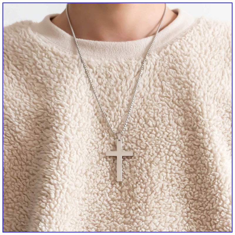 [Australia] - Fusamk Fashion Titanium Steel Prayer Cross Pendant Necklace,24" Box Chain Steel Cross 