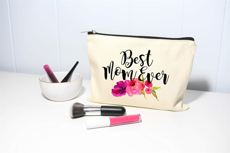 [Australia] - Best Mom Ever Makeup Bag, Gift for Mom, Mother's Day Gift, Cosmetic Bag for Mom, Floral Bag, Travel Makeup Pouch 