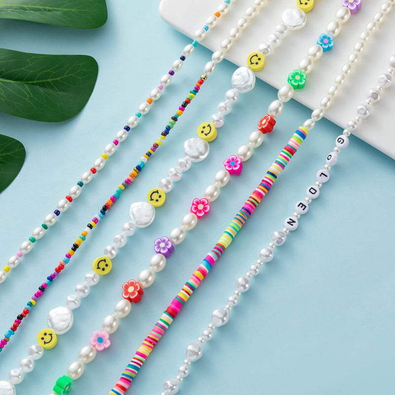 [Australia] - KELAIEN 6PCS Y2k Necklace Smiley Face Flower Choker Necklace for Women Colorful Beads Boho Choker Necklace Cute Y2k Choker Necklace Set for Teen Girls Choker Necklace Set A 