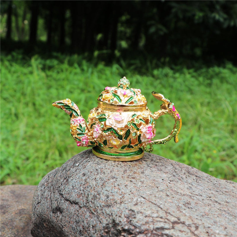 [Australia] - Waltz&F Flower teapot Trinket Box Hinged Hand-painted Figurine Collectible Ring Holder 