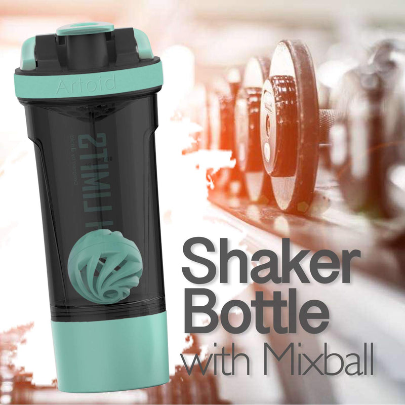 [Australia] - Artoid Mode 720ml Inspirational Sports Fitness Workout Protein Shaker Bottle with Twist and Lock Protein Box Storage, Dual Mixing Technology with Shaker Balls & Mixing Grids - BPA Free Aqua Green/Black 
