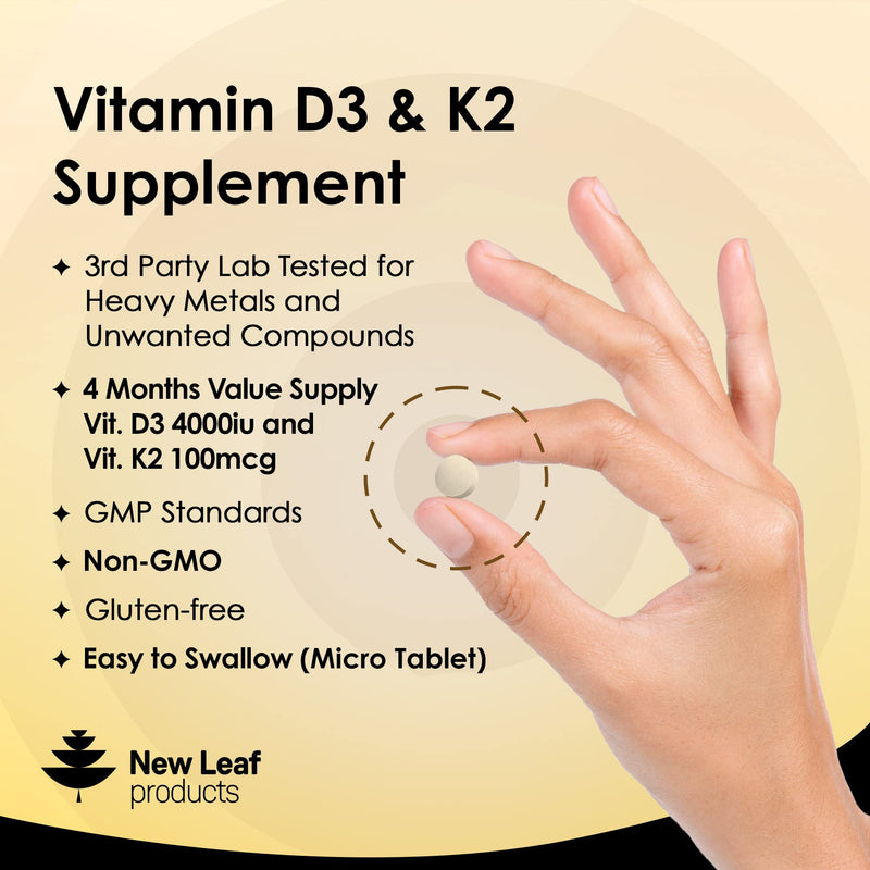 [Australia] - Vitamin D3 K2, Vitamin D3 4000iu + Vitamin K2 100mcg, 4 Months Supply, Supports Immunity, Calcium Absorption and Bone Health, Non-GMO, UK Made by New Leaf 120 Vegetarian Tablets, 