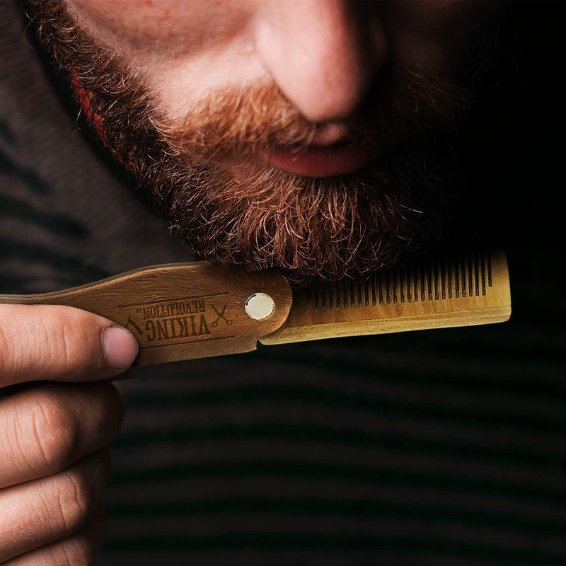 [Australia] - Folding Beard Comb w/Carrying Pouch for Men - All Natural Wooden Beard Comb w/Gift Box - Green Sandalwood Comb for Grooming & Combing Hair, Beards and Mustaches by Viking Revolution 