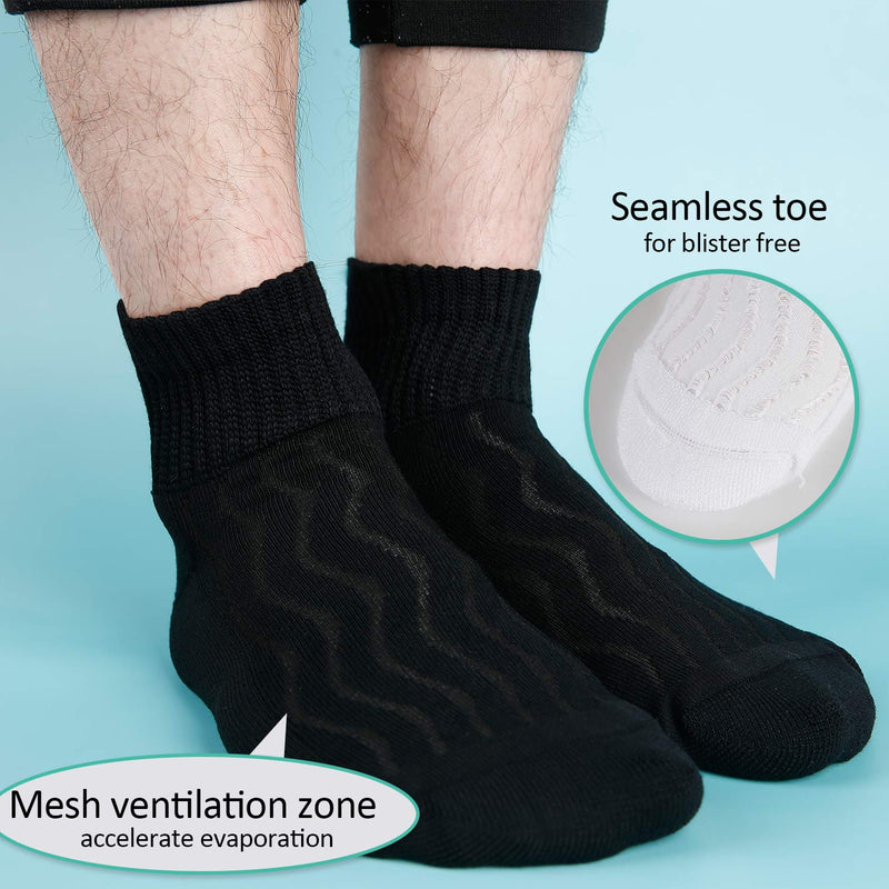 [Australia] - MD 6 Pairs Non-binding Women's Moisture Wicking Cushion Quarter Bamboo Diabetic Socks 9-11 3Black/3White Sock Size 9-11, Womens Shoe Size 5-10 3black/3white(6 Pairs) 