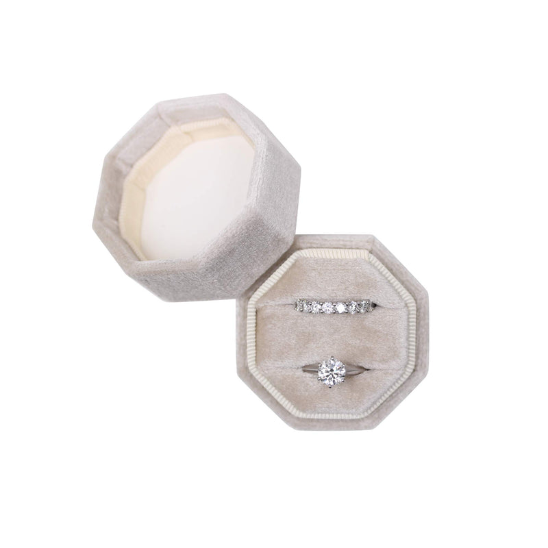 [Australia] - Velvet Jewelry Ring Box Engagement Wedding Box Keepsake Box Bridal Photo Ring Double Slots Octagon (Beige) Beige 