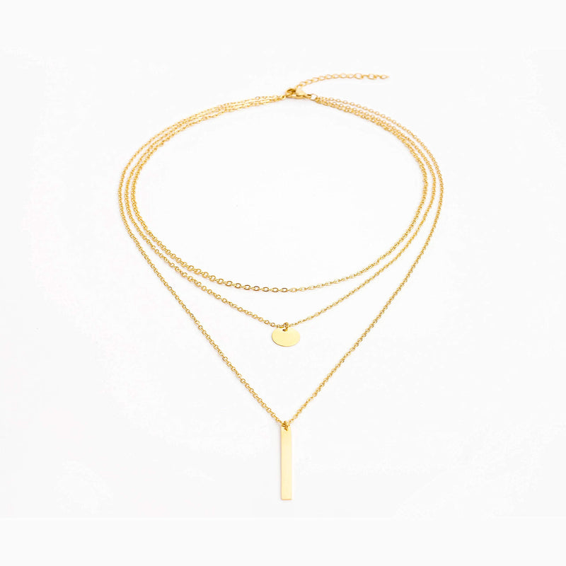 [Australia] - LETTARIUS Disc Bar Pendant Layering Necklace Stainless Steel Layered Chain Choker Gold 