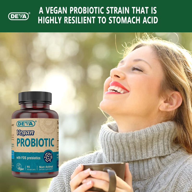 [Australia] - Deva Vegan Probiotic with FOS Prebiotics Supplement - 2 Billion CFU with 100 MG of Prebiotics Per Serving for Men & Women - Non-Dairy Gluten Free - Naturally Shelf Stable - 90 Capsules 