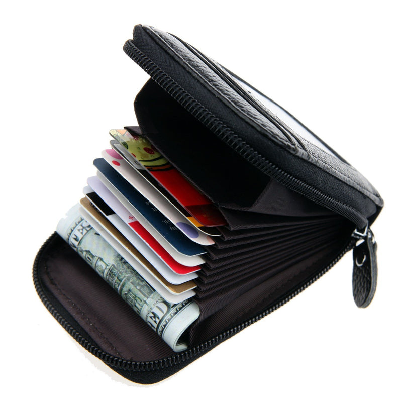 [Australia] - DKER Genuine Leather Mini Credit Card Case Organizer Compact Wallet with ID Window Black 