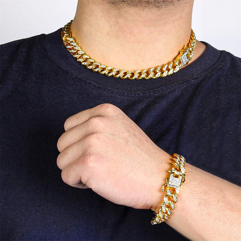 [Australia] - 13mm Cuban Link Chain for Mens Women Heavy Strong Necklaces Chain Iced Out Miami Curb Chain Bling Bling Hip Hop Necklace Chain Silver/Rose Gold/Gold Plated Rhinestone CZ Clasp Chain 18K Gold Bracelet 8inch 