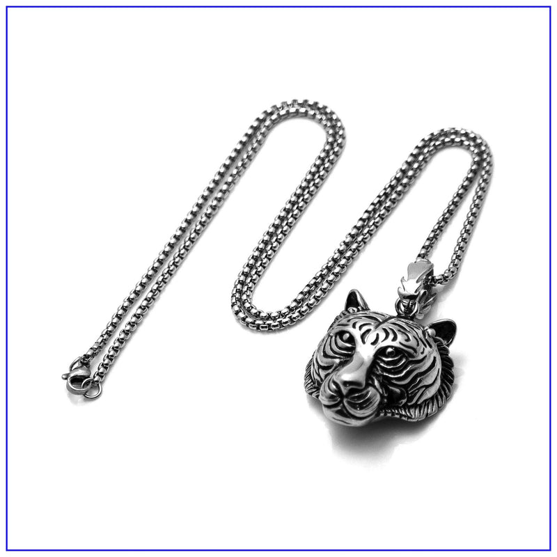 [Australia] - Fusamk Punk Rock Titanium Steel Animal Tiger Head Pendant Chain Necklace Steel Tiger Head 