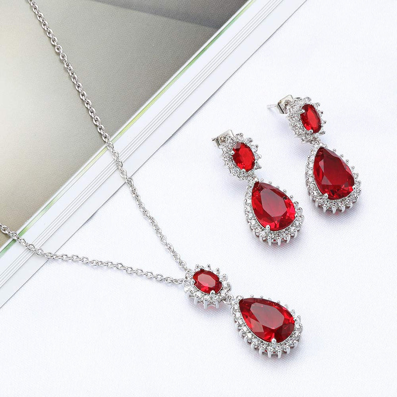 [Australia] - Lavencious Teardrop Dangle Necklace & Earring Sets for Women Trendy AAA Cubic Zirconia for Women Red 