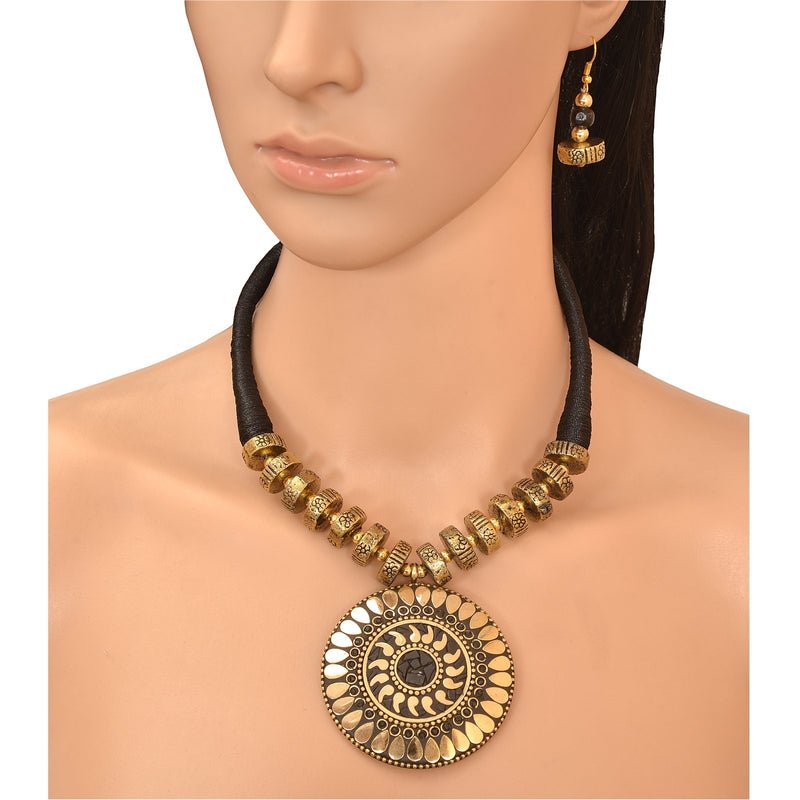 [Australia] - Zephyrr Hand Crafted Fashion Tibetan Beaded Pendant Long Necklace Earrings Set for Women Casual Junk Jewelry Black 